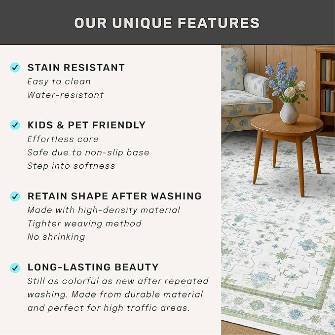 Oushak 3x16 Wide Hallway Runner Rug - Vintage Turkish Floral, Washable Low Pile Non Slip 16ft Extra Long Runners for Large Kitchen, Hall Way - Light Blue and Green Décor