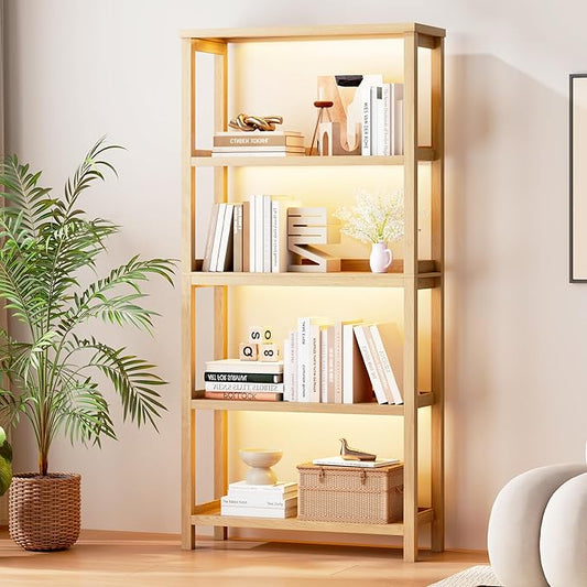 Vlsrka 5 Tier Wooden Bookshelf with Lights, 65" Tall Open Bookcase Storage Rack, Modern Bookshelf with Storage, Free Standing Display Book Shelves for Living Room, Home Office, Brown