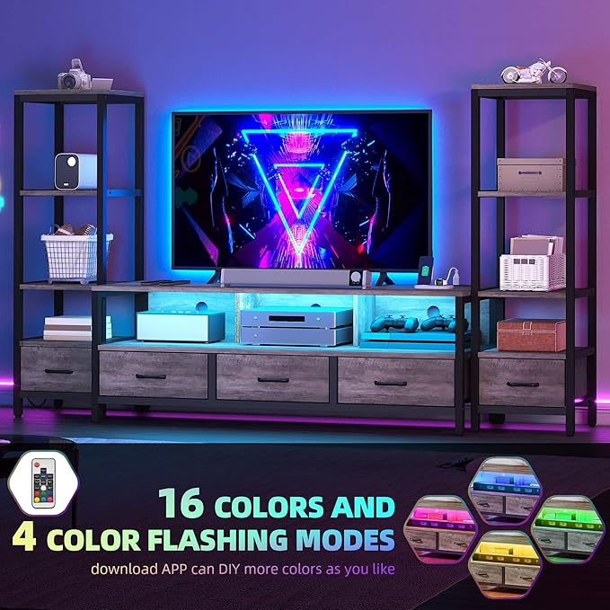 DWVO Entertainment Center with Bookshelves, LED TV Stand for 65/60 inch TV, Farmhouse TV Stand for Living Room with 2 Industrial 4-Tier Bookshelves & Power Outlets, Grey