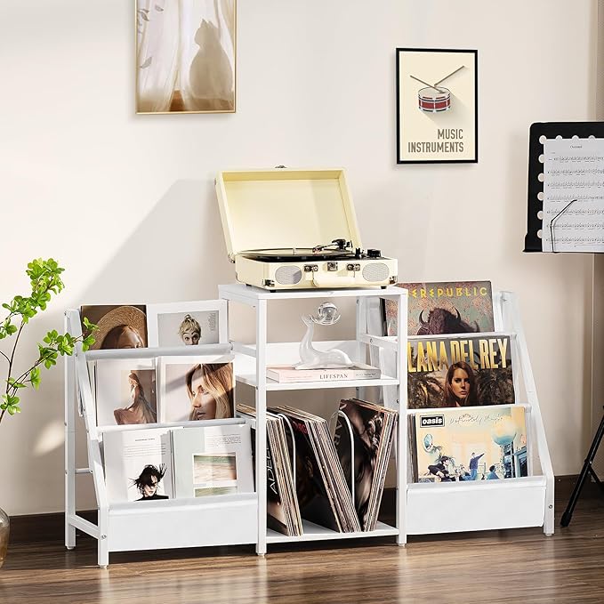 LELELINKY Record Player Table,Turntable Shelf with Vinyl Storage Up to 180 Albums,White Side Table with 3 Tier Magazine Periodical Book Rack,Wide Metal Record Holder Cabinet for Office, Music Room