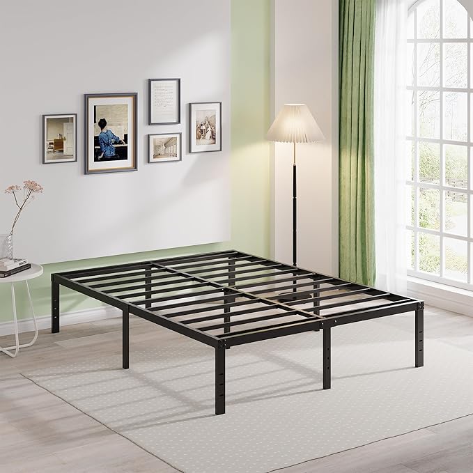 EMODA Queen Bed Frame No Box Spring Needed 14 Inch Heavy Duty Metal Platform BedFrame Queen Size with Steel Slats, Easy Assembly, Black