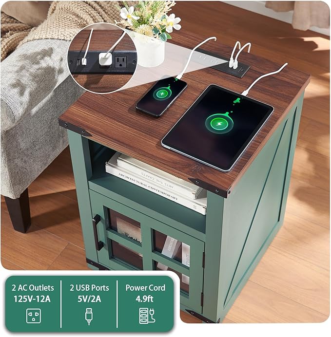 Farmhouse Nightstand with Charging Station, Rustic End Table with Tempered Glass Barn Door, Wood Sofa Side Bedside Table with Open Storage Shelf for Living Room, Bedroom, Green, 2 Pack