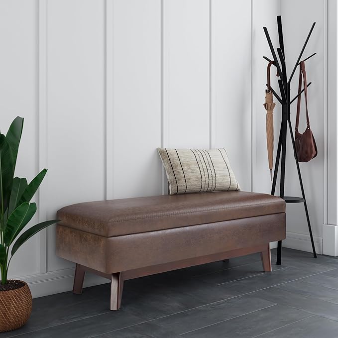 SIMPLIHOME Owen 48 inch Wide Mid Century Modern Rectangle Rectangular Storage Ottoman in Distressed Chestnut Brown Vegan Faux Leather, Assembled, For the Living Room, Entryway and Family Room