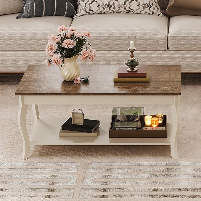 ChooChoo Coffee Table, Rustic Center Table with Curved Legs and Storage Shelf, 39" Coffee Table for Living Room, Soft White