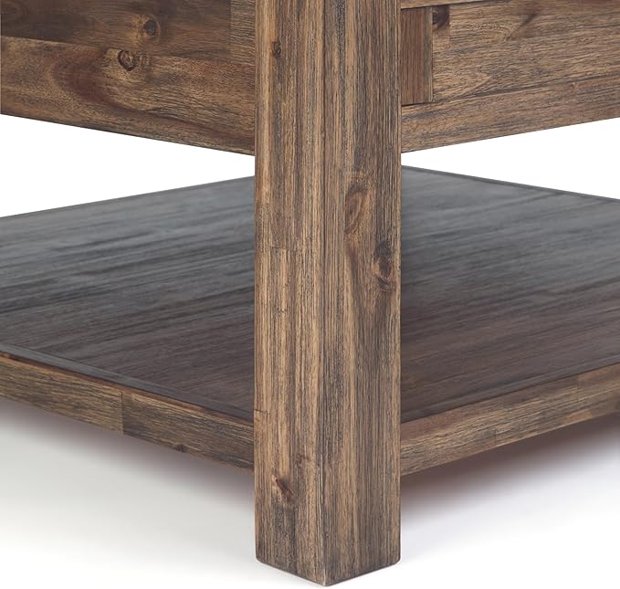 SIMPLIHOME Monroe Square Coffee Table - 38 inch Wide Solid Acacia Wood Living Room Table in Rustic Natural Aged Brown, Rustic Cocktail Table for Family Room or Lounge with 2 Drawers and Open Shelf