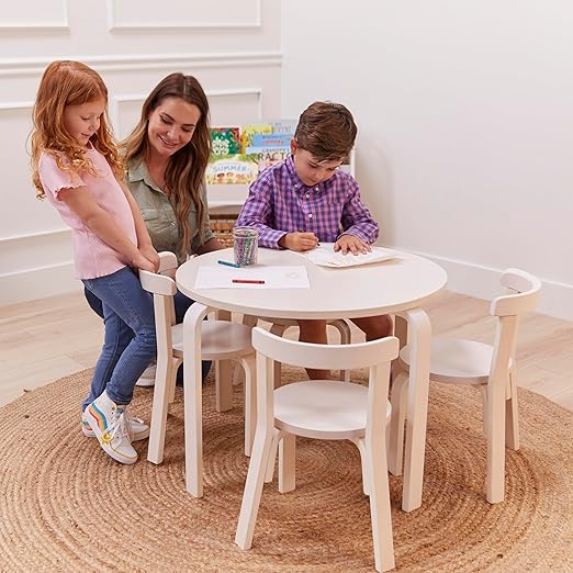 ECR4Kids Bentwood Round Table and Curved Back Chair Set, Kids Furniture, White Wash, 5-Piece