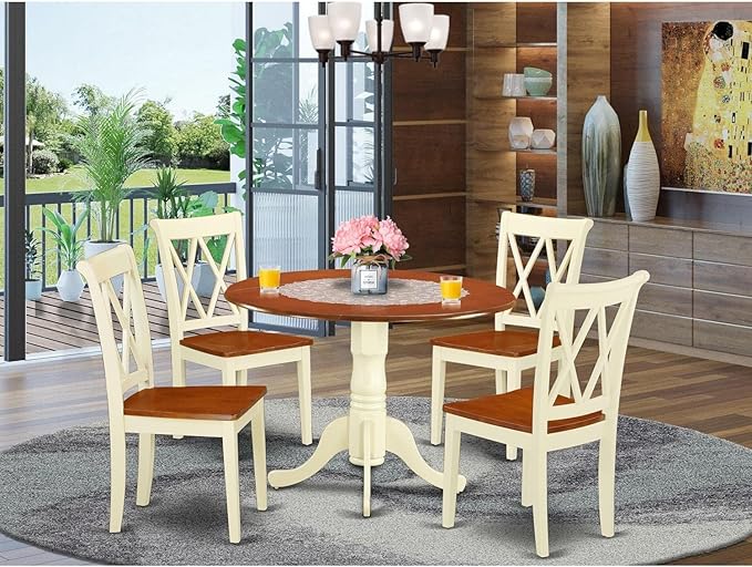 East West Furniture DLCL5-BMK-W 5 Piece Dining Room Table Set Includes a Round Dining Table with Dropleaf and 4 Wood Seat Chairs, 42x42 Inch, Buttermilk & Cherry