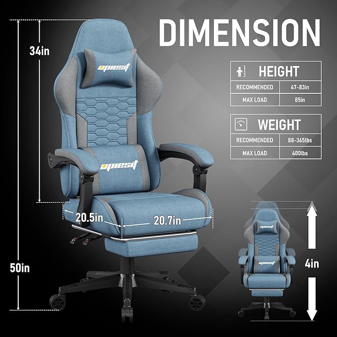 Gaming Chair, Computer Chairs for Adults with Lumbar Support and Massager, Comfortable Gamer Chair with Footrest & Pocket Spring Cushion, Ergonomic Home Office Chair, Blue, Fabric