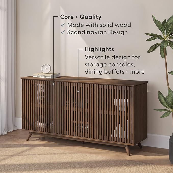 Plank+Beam Mid-Century Modern Wood TV Stand, Three Door Solid Wood Entertainment Console with Storage, 59" L x 16" W x 30" H, Walnut