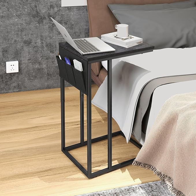 C Shaped End Table for Couch, Small Couch Side Table for Sofa, C Side Table with Storage Bag, TV Tray Table for Living Room, Bedside Table for Bedroom, Snack End Table for Couch, Black