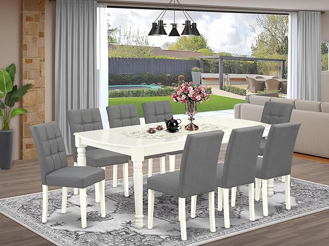 East West Furniture DOAS9-LWH-41 9 Piece Dining Table Set Includes A Kitchen Table and 8 Platinum Gray Polyester Fabric Person Chairs with Stylish Back- Linen White Finish