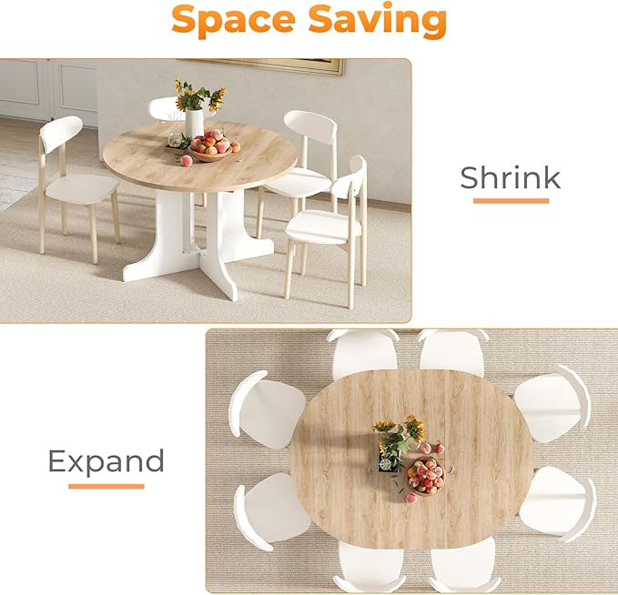 43"-59" Expandable Round Dining Table, Extendable Dining Room Table for 4-6, Oval Tabletop with Removable Leaf, Trestle X-Shaped Base & Metal Track for Dining Room, Living Room-Oak