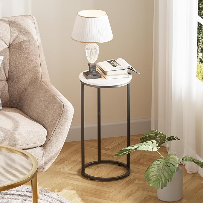 C Shaped End Table, Couch Side Tables for Living Room, Round Sofa End Table with Metal Frame, Small Wooden Snack Table for Bedroom, Small Spaces, Easy Assembly (Black)