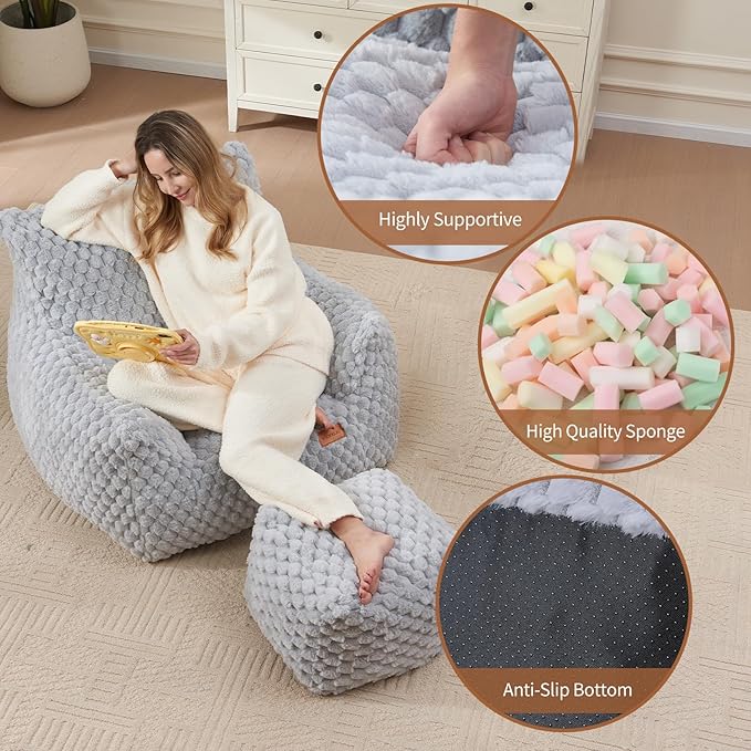 Big Bean Bag Chairs for Adults Cozy Giant Bean Bag Sofa Chair, Gaming Bean Bag Chairs with Foot Rest, Lounge Comfy Chair Indoor for Bedroom, Living Room