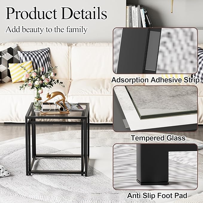 Garden 4 you Coffee Table Set of 2, Modern Glass Nesting Table, Metal Frame Square Center Table Set, Side Tables, Nesting Coffee Table for Living Room, Bedroom and Small Spaces, 19.7in Grey