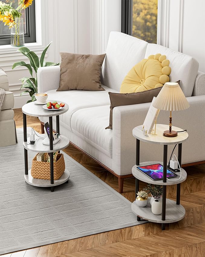 Small Round Side Table - 3-Tier Oval Accent Table for Small Spaces, Rustic Wood and Metal Nightstand for Living Room or Bedroom, Built-in USB Ports and Power Outlet, Greige