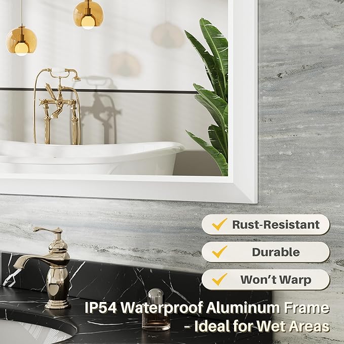28x36 Inch White Bathroom Mirror for Wall, Thick Metal Framed Rectangle Mirrors for Over Sink, Bedroom, Living Room, Entryway, Anti-Rust, HD Tempered Glass