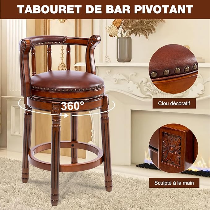 Cow top Leather Wooden Bar Stools, 360 Degree Swivel Bar Height Chair with Backs for Home Kitchen Counter, Morden Chair Barstools (Brown 1pc, Counter Height-Seat Height 26”)