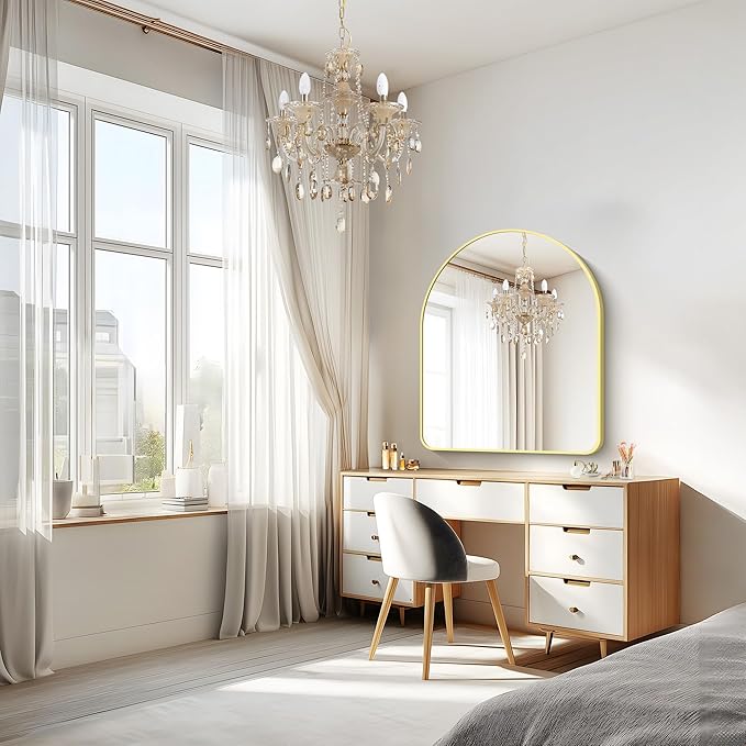 FORBATH Arched Bathroom Mirror 30x36 Inch, Arch Wall Mirror with Gold Aluminum Frame, Arched Mirror for Dresser, Fireplace,Entryway,Home Decor,Hanging or Leaning Against Wall