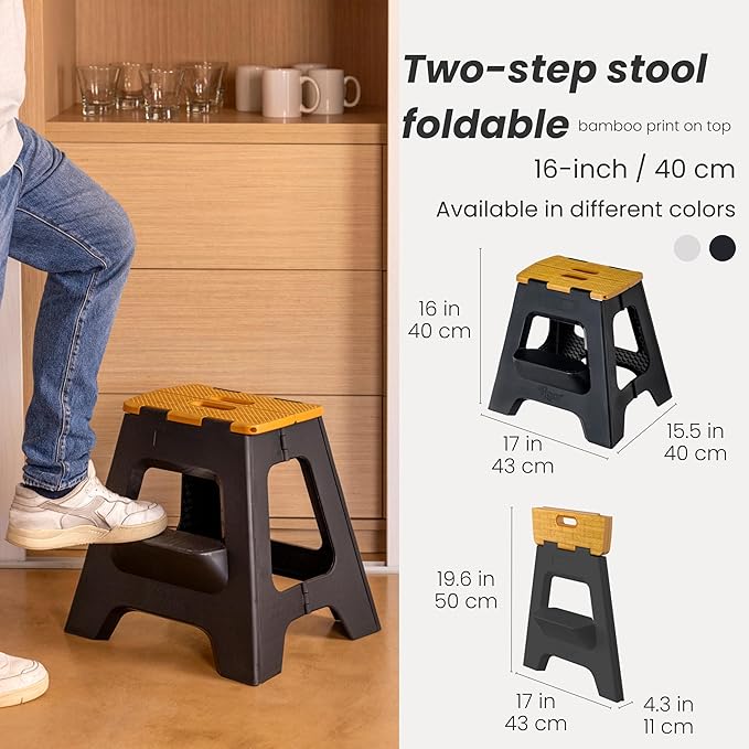 Vigar Compact Step Stool Foldable, 16-inch Two-Step Stools for Adults up to 330 Pound, Lightweight Stool, Non-Slip Folding Step Stool, Black, Bamboo Print on Top