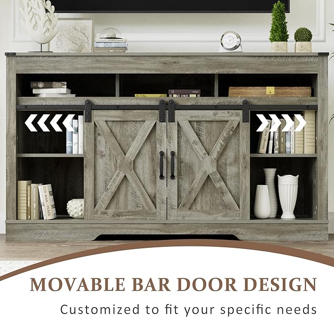 RoyalCraft Farmhouse TV Stand with Sliding Barn Door for TVs up to 65+ Inch, 34" Tall Entertainment Center, Wood Media Console Storage Cabinet for Bedroom, Living Room, Light Grey