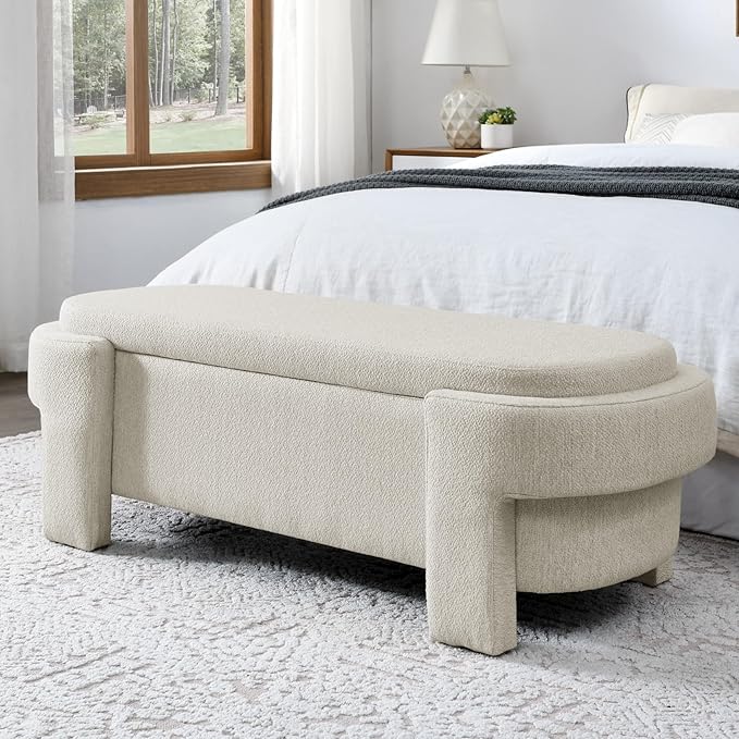 KEIKI 51" Linen Ottoman Bench with Large Storage Space, Upholstered Seating Foot Rest Stool Furniture for Bedroom, Living Room, Entryway, Beige