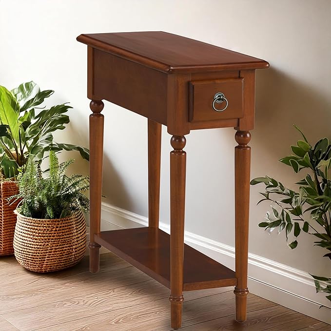 Leick Home Coastal End Table, Solid Wood, 1 Drawer, Bottom Display Shelf, Easy-Assembly, For Living Room/Bedroom, Rich Pecan Brown, 23.5 in. L x 10.0 in. W x 24 in. H, 20017-PC