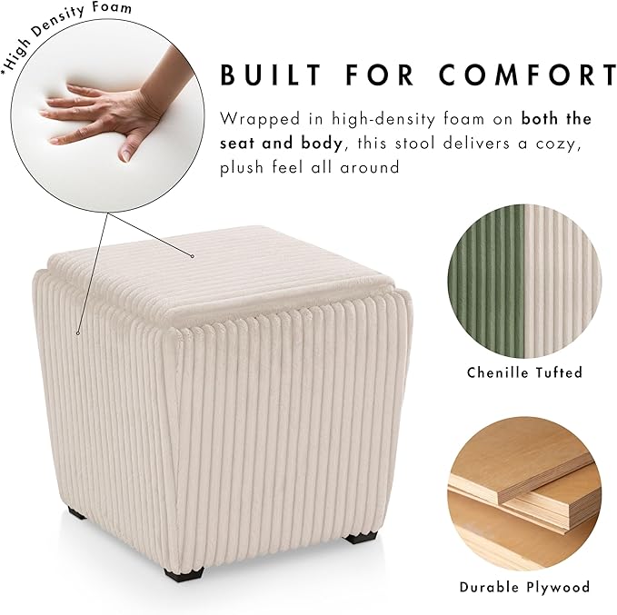 Furniture of America Lennox Modern Chenille 17-inch Square Storage Ottoman with Reversible Tray Top, Upholstered Footstool for Living Room, Bedroom, Entryway, Beige Pink