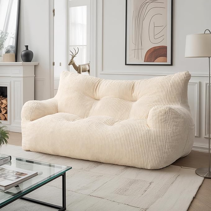 Pamapic Bean Bag Chair,2 Seat Loveseat Sofa,Ultra Soft Dutch Velvet,Fluffy Comfort Washable Cover,Corduroy Lazy Sofa Bed for Adults,Fit Living Room, Bedroom,Outdoor Spaces,White
