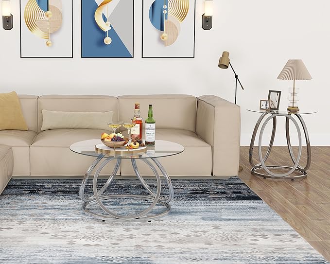 O&K FURNITURE Silver Coffee Table, Modern Glass Coffee Table Living Room Table with Ring-Shaped Frames, Glass Coffee Table for Home&Office, Chrome Finish, 1 PC