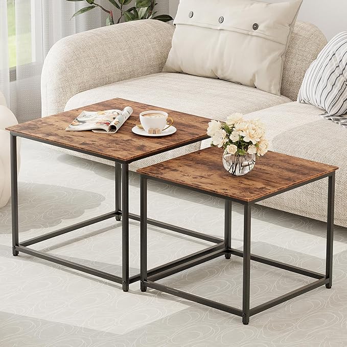 Garden 4 you Coffee Table Set of 2, Modern Engineered Wood Nesting Table, Metal Frame Square Center Table Set, Side Tables, Nesting Coffee Table for Living Room, Bedroom and Small Spaces, 23.6in Brown