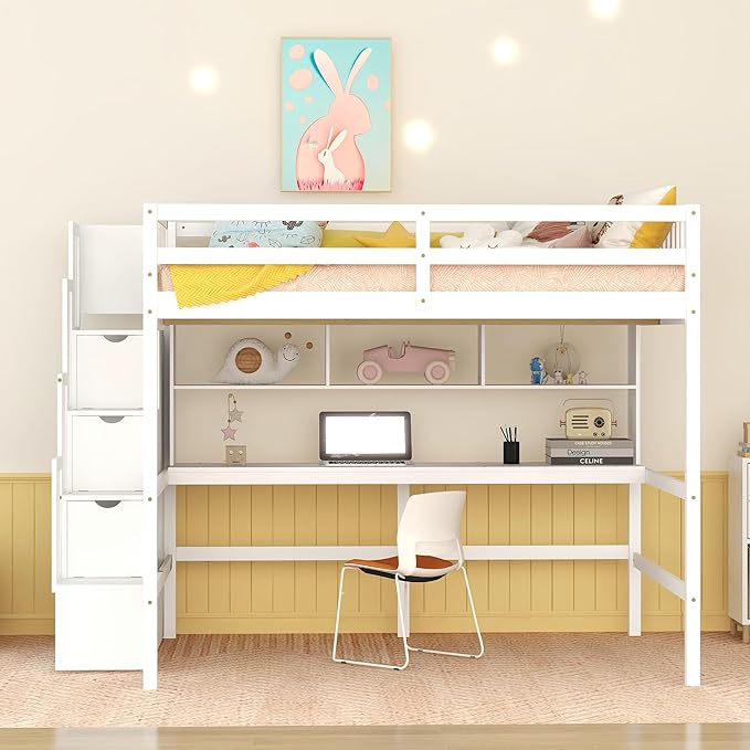 HomSof Full Size Loft Bed with Built-in Desk, Bookshelves and Storage Staircase,White