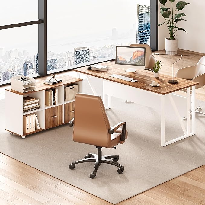 LITTLE TREE 63" Office Desk and 47" File Drawer Cabinet, Large Computer Desk, Study Writing Desk Workstation for Home Office
