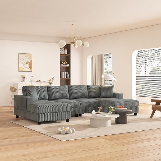 Eafurn Oversized Symmetrical U Shaped Modular Sectional Sofa with Double Chaise Lounge, Reversible Corduroy Upholstered Sofa Extra Wide Deep Seat Sleeper Sofas Couches w/ 2 Pillows