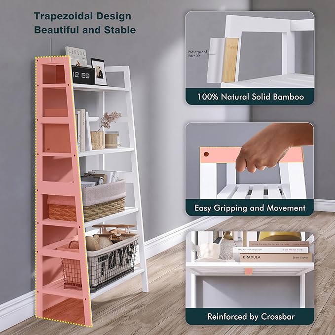 HITNET White Ladder Bookshelf, Leaning Bookcase, 4-Tier Bamboo Shelf, Floor Standing Storage Shelving Unit, Open Display Book Shelves