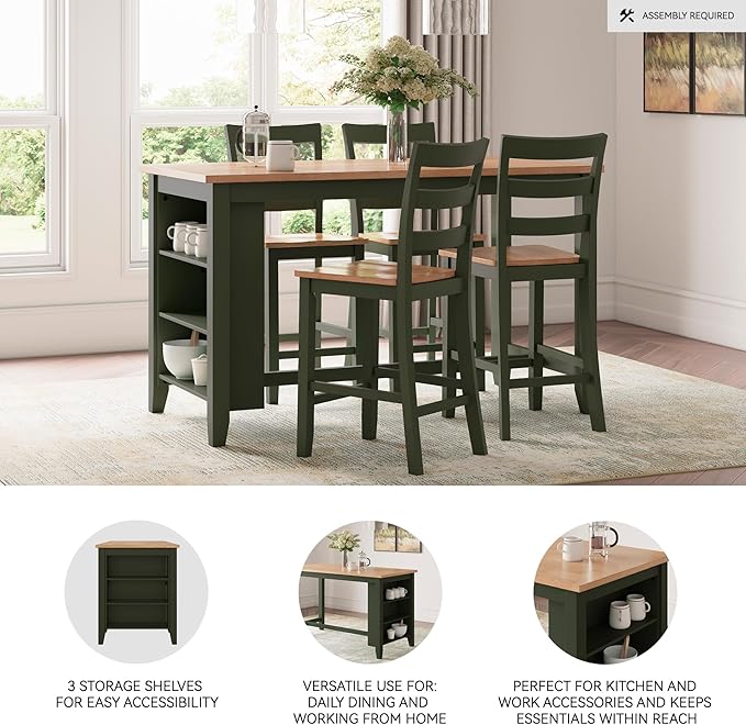 Signature Design by Ashley Gesthaven Modern Counter Height Dining Table with 3 Shelves and Trestle Base, Light Brown & Green