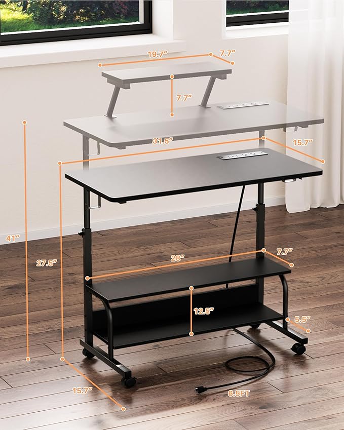 Height Adjustable Standing Desk with Power Outlets and LED Lights - 32" Manual Stand Up Desk with Monitor Stand and Storage Shelves Small Mobile Rolling Computer Desk Portable Laptop Table, Black