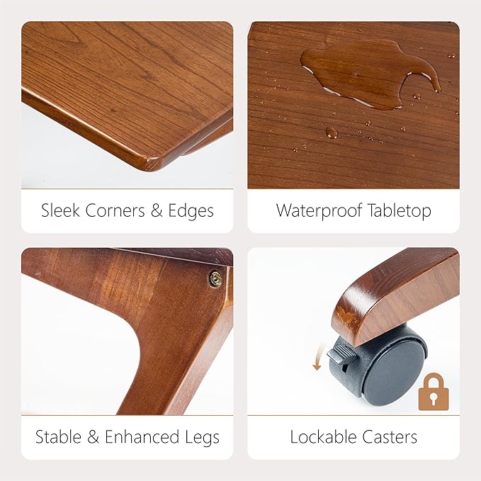 TV Tray Table with Casters, Solid Rubberwood End Tables, Sofa Side Table Couch Table Laptop Desk Removable Snack Tray for Coffee Bed Sofa Eating Writing Reading Living Room Bedroom, Dark Walnut