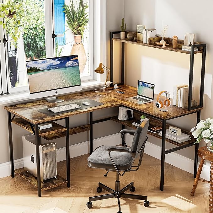 L Shaped Computer Desk with Hutch and Storage Shelves, Gaming Desk with LED Lights, Reversible L-Shaped Desk with Power Outlets, Home Office Desk, Corner Desk, Rustic Brown