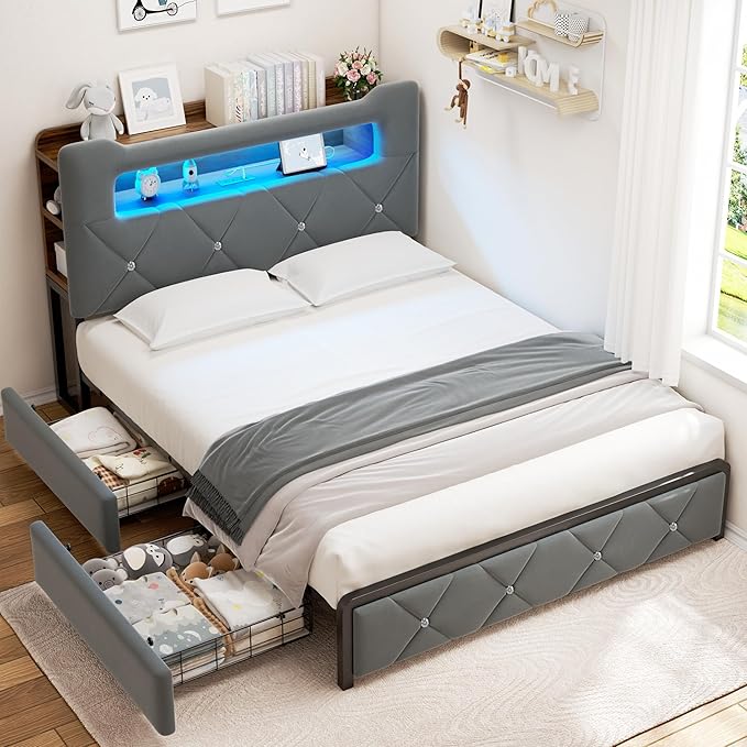 Full Upholstered LED Bed Frame with 2 Storage Drawers and 2-Tier Storage Headboard, Velvet Platform Bed with Charging Station & Bookcase, Corner Bed Frame, Heavy Duty Metal Support, Grey