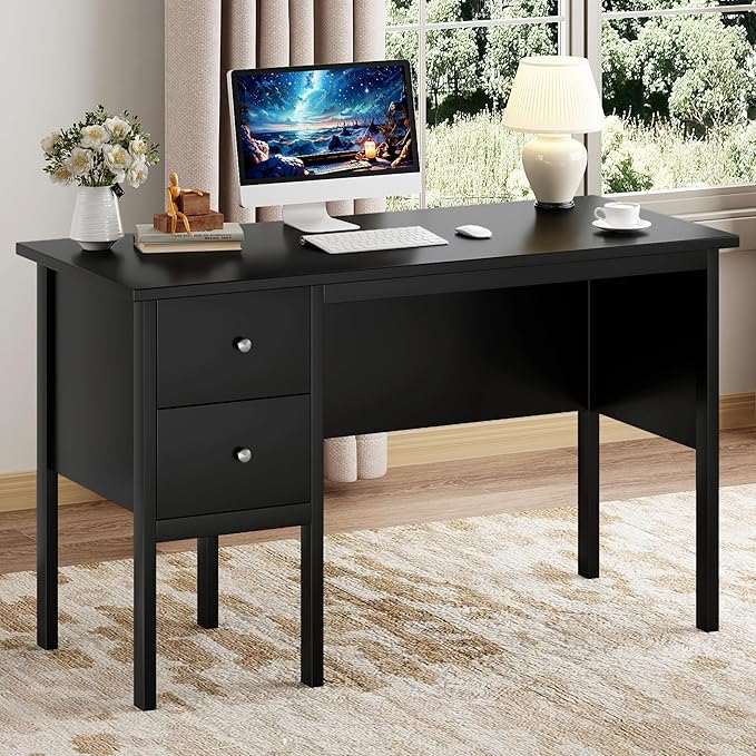 BHG Computer Desk with Drawers,Modern White Home Office Desk with Storage Filing Cabinet, Vanity Desk Makeup Dressing Table for Bedroom,Small Writing Table PC Desks for Study (Black, 43.3")