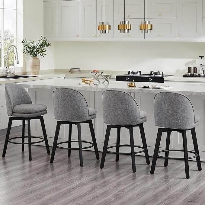 Counter Height Barstools 26 inch Upholstered Swivel Bar Stools with Back and Wood Legs for Kitchen Island,Set of 2,Dark Grey Fabric-Armless