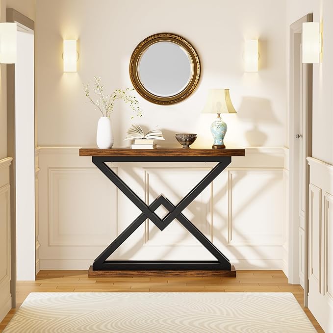 JUSTOGO 39.4" Console Table, Industrial Entryway Table Triangle Design for Living Room, Narrow Wood Sofa Tables for Hallway, Entrance, Foyer, Modern Accent Furniture Home Decor, Rustic Brown
