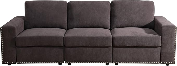 Sectional Couches for Living Room, 93″ Nail-Head Cloud Couches, Modern Comfy 3 Seater Sectional Sofa with Deep Seats for Bedroom, Office, Small Space, Brown
