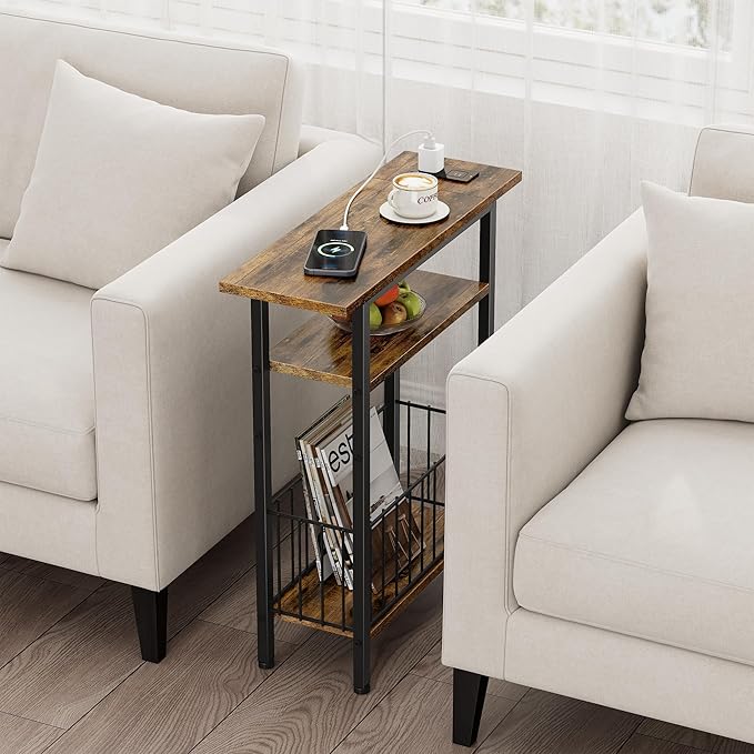 Vagusicc Narrow Side Table with Charging Station, 3-Tier Skinny Side End Table for Couch Sofa, Small End Side Tables for Small Spaces, 25.2" Tall Slim Nightstand for Living Room, Bedroom, Rustic Brown