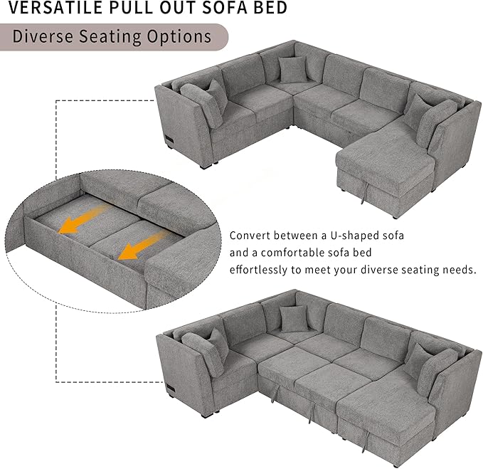Ball & Cast 108.6" Sleeper Sectional Pull Out Sofa with 2 USB Ports,Two Power Sockets,Versatile U-Shape Couch w/ 3 Back Pillows and Storage Chaise,for Living Room,Office,Apartment,Light Gray