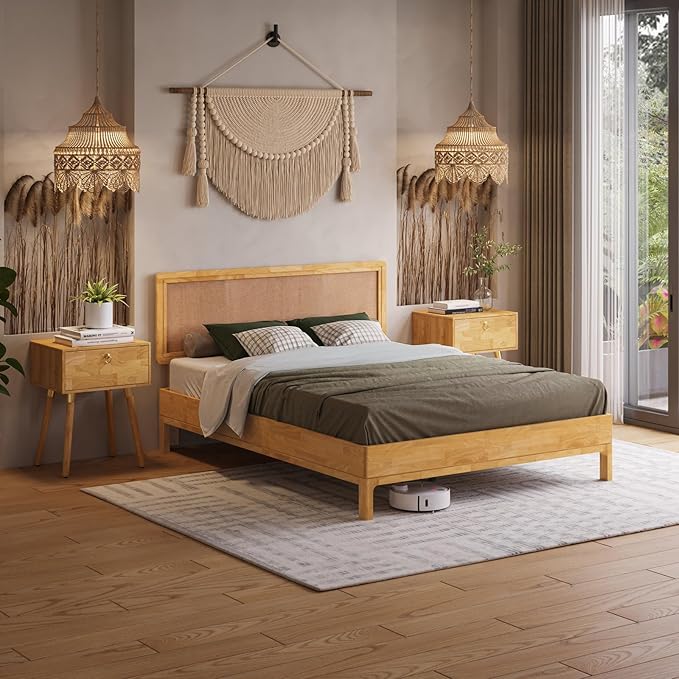 Nipe Platform Bed Frame with Headboard Size Queen - Light Natural - Solid Rubber