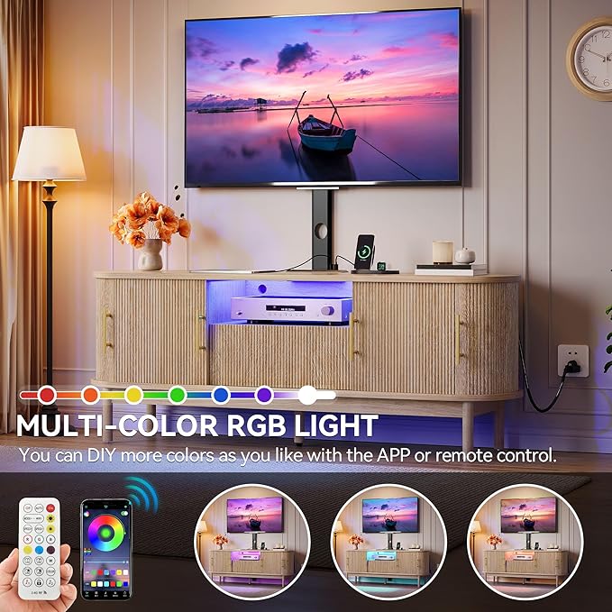 YITAHOME Fluted TV Stands for Living Room with Mount, Modern Entertainment Center for 32-70 inch TVs, LED Curved TV Stand with PowerOutlets & LED Light, Curved Profile Design, Natural Oak