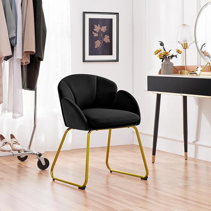 Yaheetech Modern Velvet Armchair, Flower Shaped Makeup Chair Vanity Chair with Golden Metal Legs for Living Room/Makeup Room/Bedroom/Home Office/Kitchen, Black