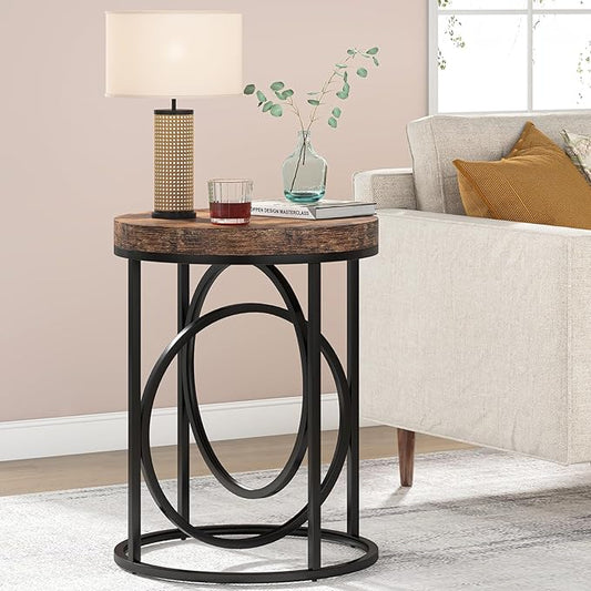 Tribesigns Round End Table for Living Room, 20-Inch Wide, Industrial Side Table with Metal Frame and Wood Top, Modern Circle Accent Table, Tall Narrow Nightstand for Bedroom (Rustic Brown)